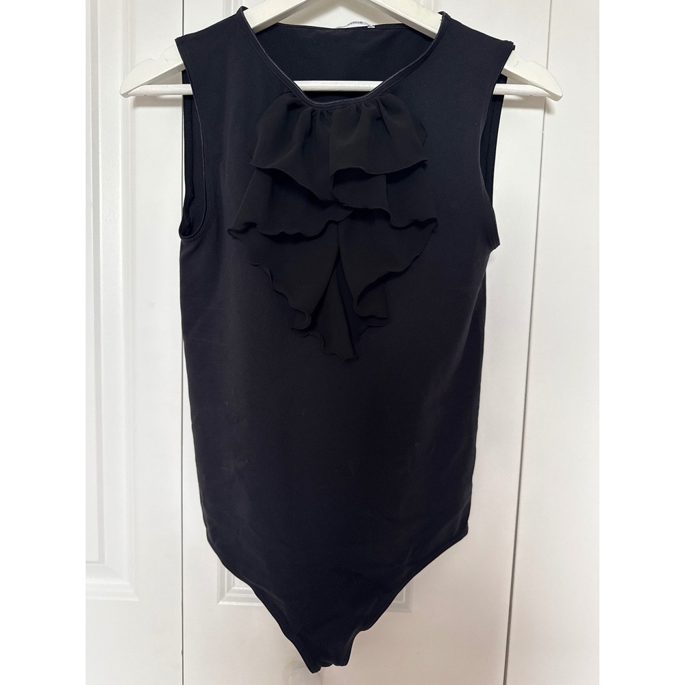 Wolford Black Ruffle Front Sleeveless Bodysuit Medium Stretch Made in Austria